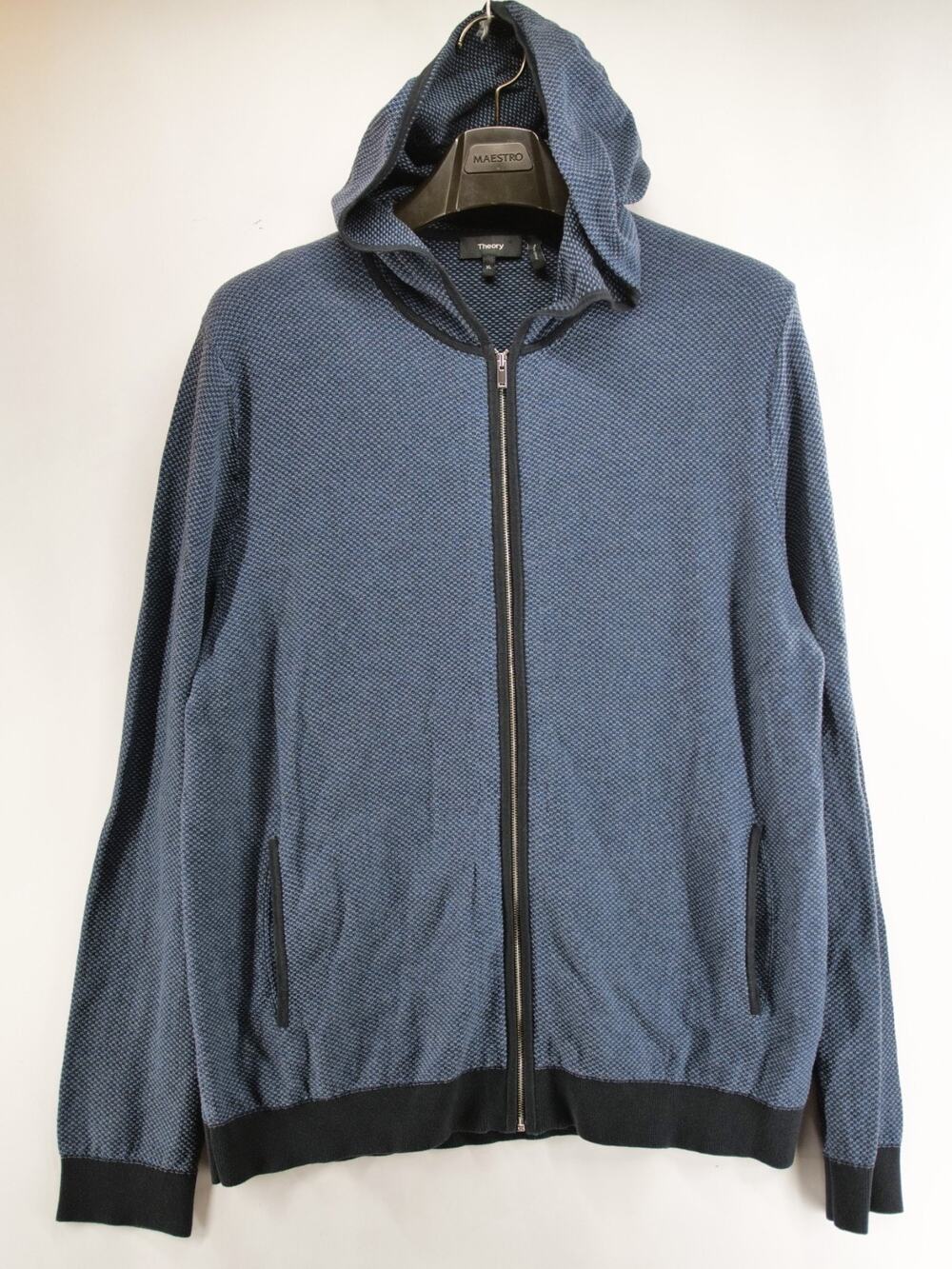 Theory Lievos Full Zip Hoodie Mens XL Blue Black Textured Cotton Knit Sweater
